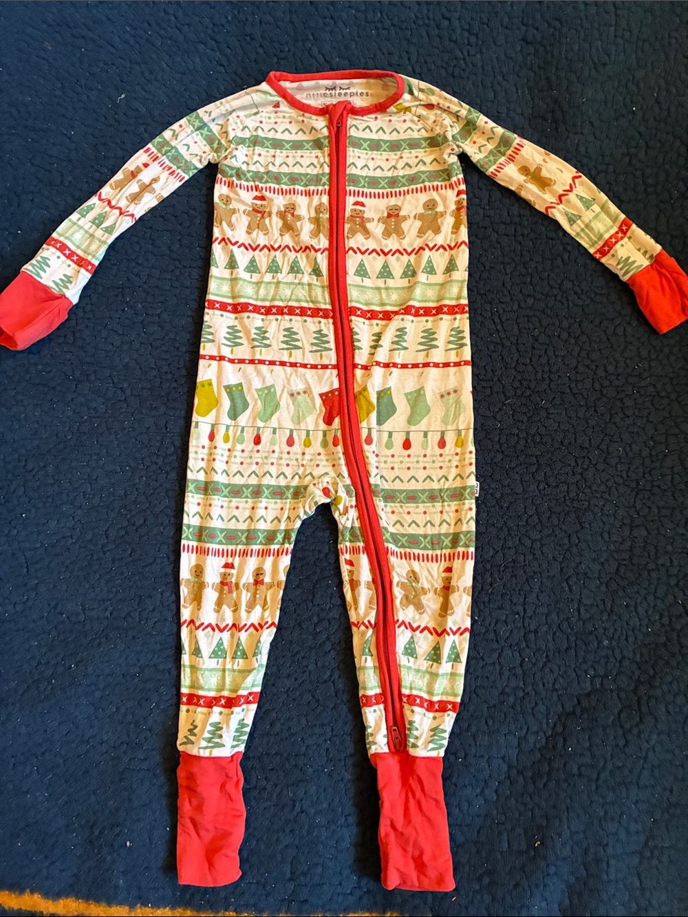 Little Sleepies Cream Holiday Gingerbread & Tree Footie with Red Trim